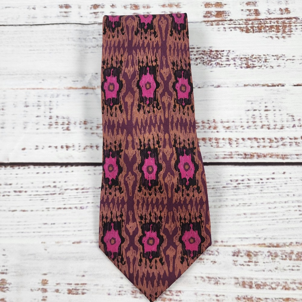 Vintage 70s Hermes Paris Tie Mens Purple Pink Brown Ikat Abstract Made in France
